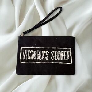 Victoria's Secret black silver sequin logo wristlet pouch y2k mcbling